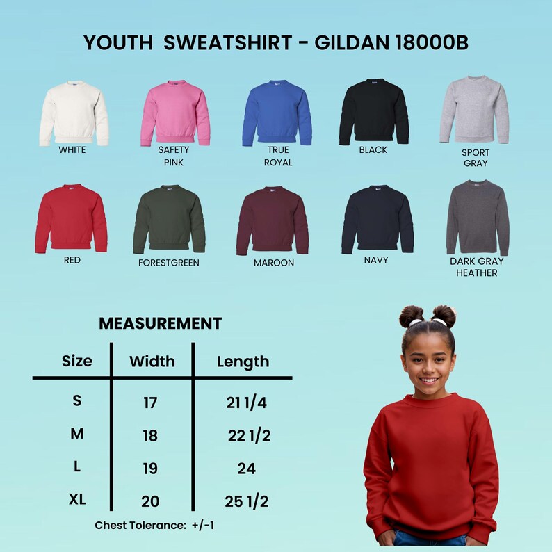 May include: A youth sweatshirt in various colors, including white, pink, blue, black, and gray. The image displays a size chart with measurements in inches and a young person wearing a red sweatshirt. The text reads "YOUTH SWEATSHIRT - GILDAN 18000B."