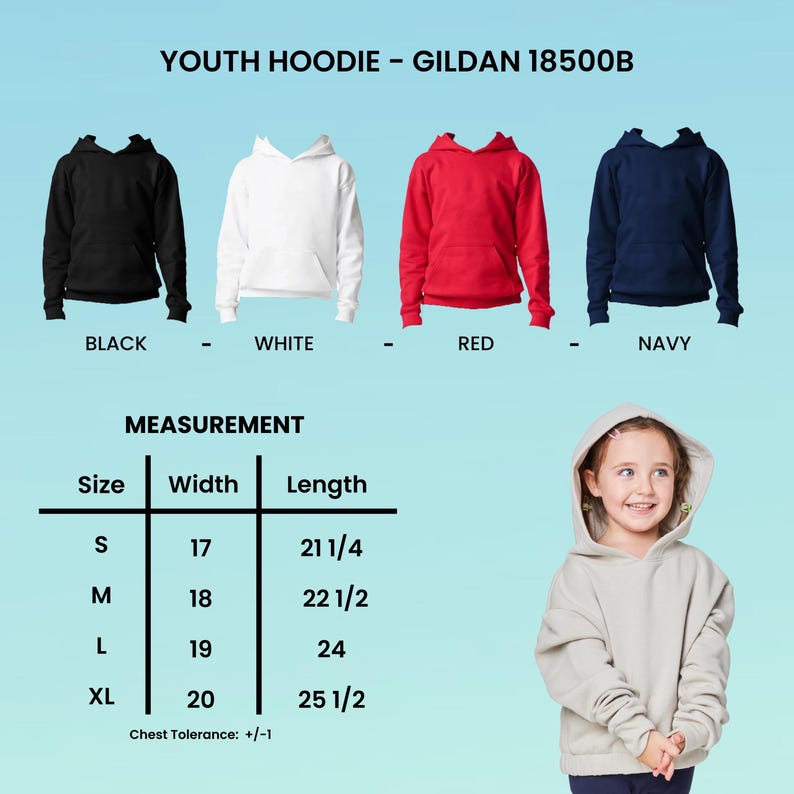 May include: Youth hoodie in black, white, red, and navy blue. The image includes a measurement chart with sizes S-XL, widths from 17 to 20 inches, and lengths from 21 1/4 to 25 1/2 inches. The text reads "YOUTH HOODIE - GILDAN 18500B".