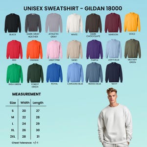 May include: A variety of unisex Gildan 18000 sweatshirts in various colors, including black, red, and navy. The image also includes a size chart with measurements in inches, ranging from S (20" width, 27" length) to 2XL (28" width, 31" length).