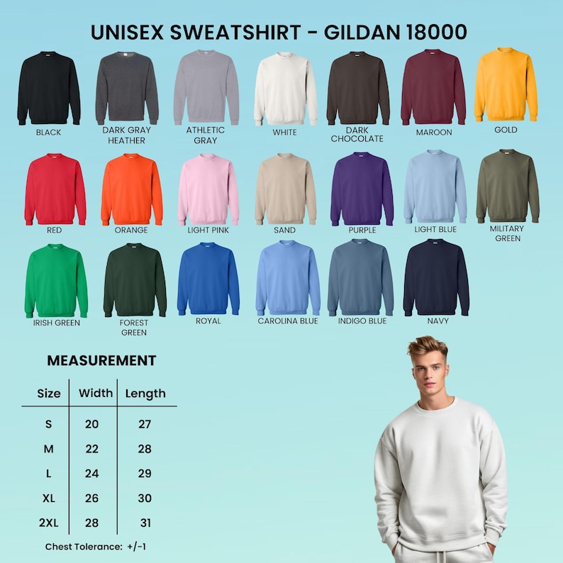 May include: A variety of unisex Gildan 18000 sweatshirts in various colors, including black, red, and navy. The image also includes a size chart with measurements in inches, ranging from S (20" width, 27" length) to 2XL (28" width, 31" length).