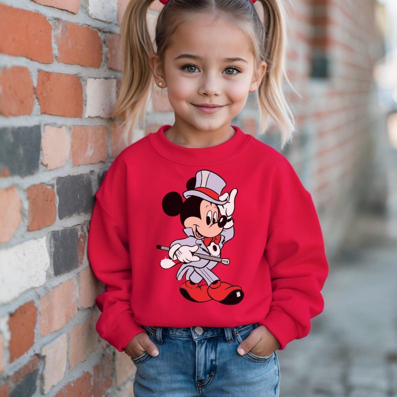 K&ouml;nnte beinhalten: Ein rotes Sweatshirt mit einem Cartoon-Motiv von Mickey Mouse in einem Zauberer-Outfit. Die Grafik zeigt Mickey Mouse in einem grauen Anzug, Zylinder und roter Fliege, der einen Gehstock h&auml;lt. Das Sweatshirt wird mit einer blauen Jeans kombiniert.