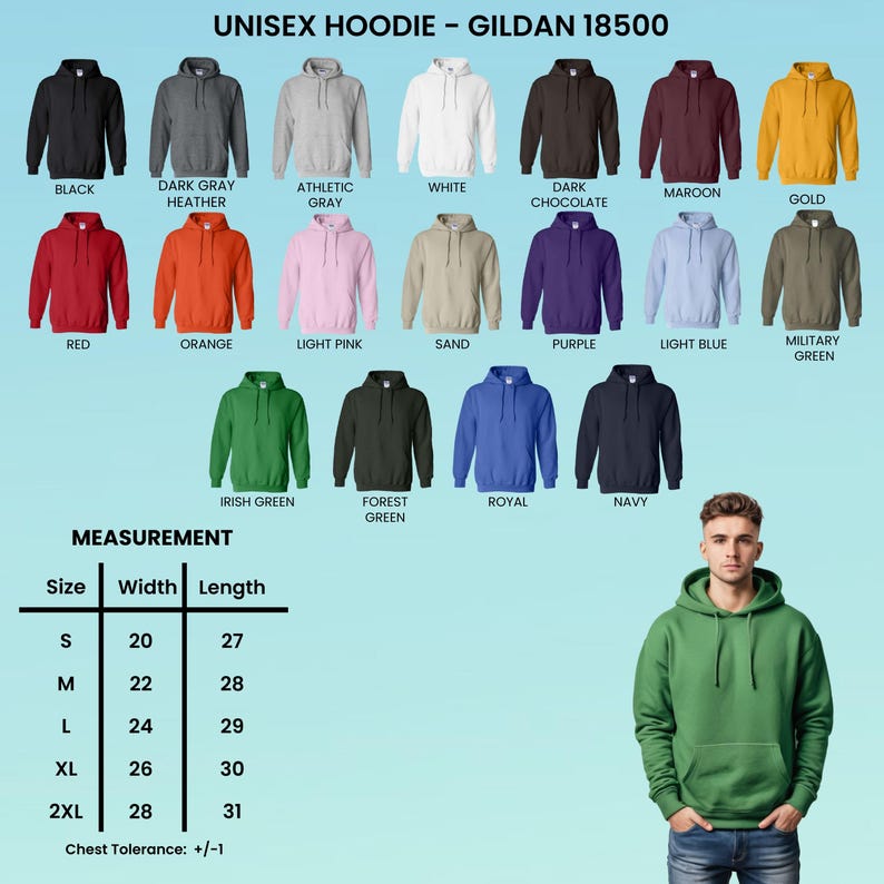 May include: A display of Gildan 18500 unisex hoodies in various colors, including black, gray, white, red, and green. The image also includes a size chart with measurements in inches for width and length, ranging from size S to 2XL.