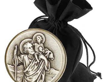 LUNEXUS Christophorus Auto Plakette Ø 3,6 cm – gesegnete Medaille mit Magnet & Samtsäckchen