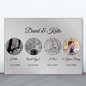 May include: A silver-toned metal print with the names "David & Katie" in elegant script. It displays four circular images: maps with red markers, a family photo, and dates: 4.12.2008, 12.25.2014, 10.22.2015, and 10.22.2025.