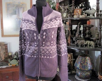 Zip-Up Outdoor Ski Knit Sweater with Repeatedly Geometrical Patterns in Purple and Lilac, Vintage - Large