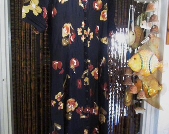 Gorgeous Long Floral Dress - Black Background with Autumn Hues Flower Prints,  Vintage - Large