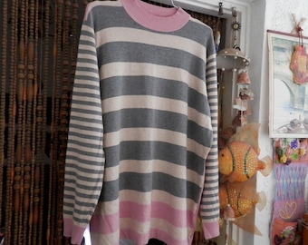 Uniquely Striped Knit Sweater / Tunic in Ivory, Silvery-Gray & Pink, Vintage - Large to XLarge