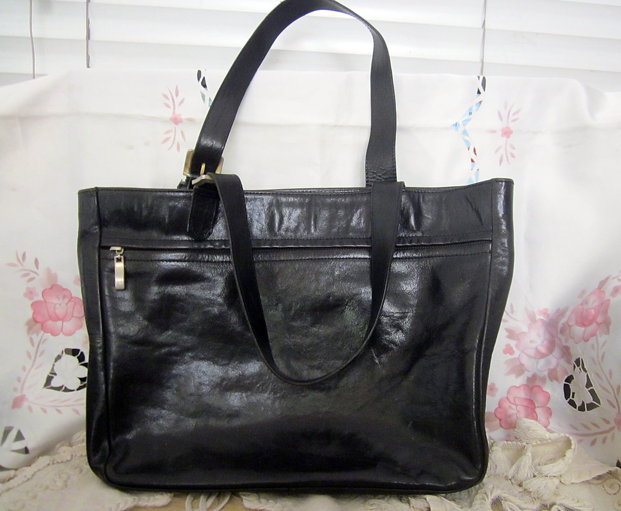 バッグ 90s vintage leather tote bag black A. LEATHER PRODUCTS, Israel - 90's Vintage BLACK Genuine Leather