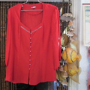 ISHA-ISHA, Israel - Designer&#39;s Fabulous Elegant Lipstick Red Buttoned-Down Blouse, Adorned with SWAROVSKI Crystals, Vintage, Sz.Large