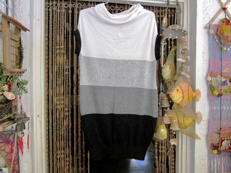 in White Grays and Black Large Vintage Rolling Collar Long Thin Knit Top Tunic