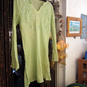 Bohemian Embroidered & Sequined Soft Pastel Green Cotton Tunic/Dress, Vintage Medium image 5