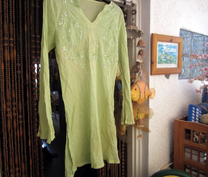 Bohemian Embroidered & Sequined Soft Pastel Green Cotton Tunic/Dress, Vintage Medium image 5