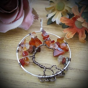CARNELIAN - Large Tree Of Life Pendant with Bronze Wires and Silver Plated Frame