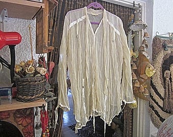 Ay-Sel. Israel - Fabulous Romantic Semi Sheer White Organza Long Sleeve Blouse, Trimmed w/White Shiny Satin Bands & Beads, Vintage - XL-XXL