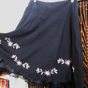Embroidered & Beaded Black Cotton Skirt, with Joined Underskirt in Satin and Lace, Vintage - Medium