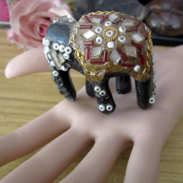 Fabulous Miniature Mirrored  Hand Carved  Wooden Embellished  Elephant, Vintage - #7 - TREASURY ITEM