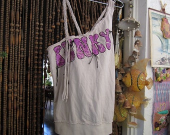 Bohemian Asymmetrical Fringed Cotton Tank Top with Purple Batik patches and Embroidery, Vintage - Medium