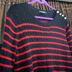 LAUREN by RALPH LAUREN - Knit Sweater Striped in Black & Red / Rounded Neckline Adorned With 4 Bright Golden Tone Buttons, Vintage - Size 2X