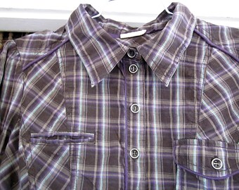 Womens Uniquely Patched Plaid Shirt in Shades of Brown and Trimmed in Purple, Vintage - Medium