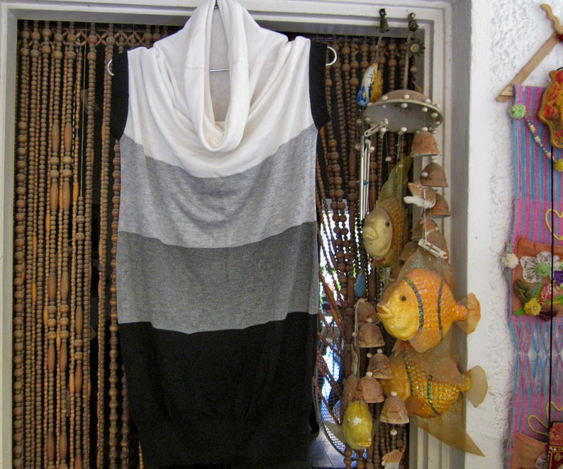 in White Grays and Black Large Vintage Rolling Collar Long Thin Knit Top Tunic