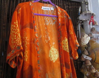 MIRROR IMAGE, Indonesia - Cardigan/giacca aperto a maniche corte OVERSIZED unico, arancione intenso sfumato con dettagli bianchi e blu, vintage - Large