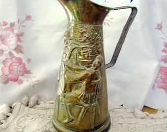 80's Vintage 10.5" Tall Hand Crafted Etched & Engraved Brass Pitcher Vase Flowers Leaves - Made in Egypt