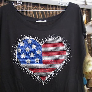 Black Top w/Bright US Flag & Bow Knotted Hemline - Bright Rhinestones over the US Flag Influenced Heart Shape, Vintage - Medium