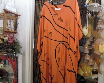 SHERMARKE - Bohemian Oversized Safari Motif Poncho Top Shaded Burned Orange, With Delicate Prints of Wild Animals,  90's Vintage - ONE SIZE