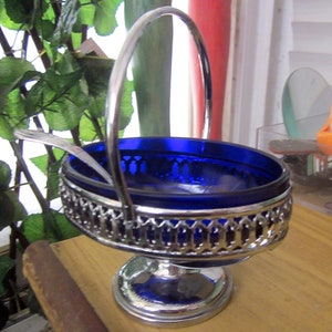 Sucrier Ancien En Verre Bleu Cobalt – France 1920-1949 – Avec Petite Cuillère