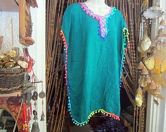Túnica artesanal única de estilo bohemio de la India en verde azulado y estilo folklórico, estilo vintage, talla L