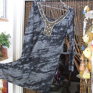 Bohemian Batik Painted Sequined and Beaded Long Sleeve Dress / Long Tunic in Black & Gray, Vintage - Medium to Large