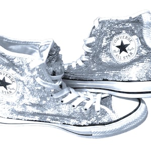 ALL STAR - Seltene CONVERSE Chuck Taylor funkelnde silberfarbene Pailletten Schnür High Tops / Limited Edition, Gr. US 10 / Uk 8 / Eur 41,5