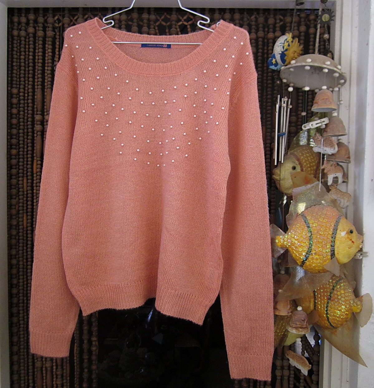 Peach Knit Sweater Adorned with Faux Pearls Vintage - Etsy Polska