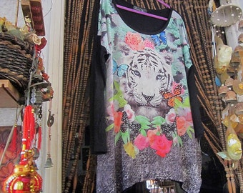 Gorgeous TIGER Portrait & Multi Color Butterflies Long Sleeve Tunic Top, W/Bright Rhinestones, Vintage - Size L-XL