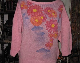Italian Blush Rose Knit, Adorned with Faux Pearls, Blue Skies and Flowers in Cerise, Yellow & Orange - Large