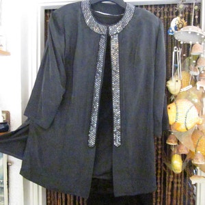 Sequined Black Silky Satin Jacket / Cardigan, Vintage - Large to XLarge