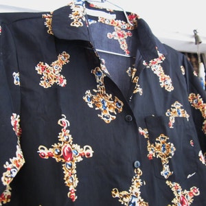 Black Buttoned Down Long Sleeve Printed Shirt with Front Pocket, Vintage - Medium