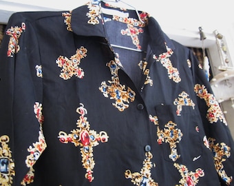 Black Buttoned Down Long Sleeve Printed Shirt with Front Pocket, Vintage - Medium