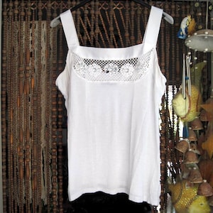 Crochet Front and Rhinestones in White Halter Tank Top, Medium - Vintage