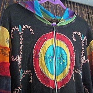 RISING INTERNATIONAL, Nepal - FELPA CON CAPPUCCIO OVERSIZE Boho Patchwork ricamato a mano Batik Dipinto Giacca in cotone completamente con cerniera - Taglia XXLarge immagine 5
