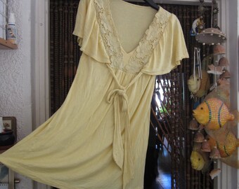 Unique Canary Yellow V-Neckline Tunic Top, with Wavy Sleeves and Lacy Front, Vintage - Medium to Large