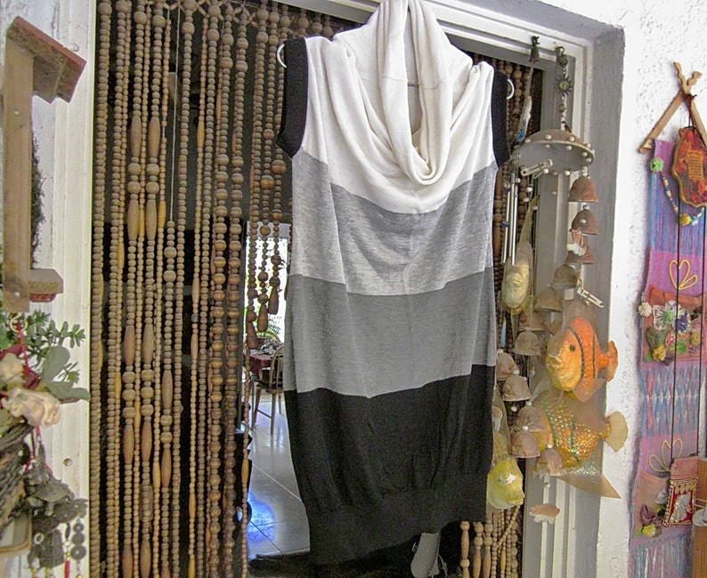 in White Grays and Black Large Vintage Rolling Collar Long Thin Knit Top Tunic