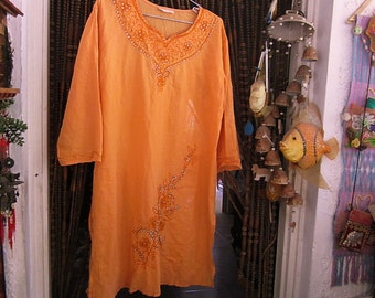 Bohemian Cotton Dress / Tunic, Adorned with Clear Rhinestones and Floral Embroidery, Vintage - Medium to Large