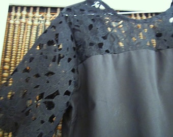 Unique Black Blouse Appliquéd with Floral Black Lace Sleeves and Upper Front, Vintage - Large to XLarge