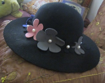 Fabuloso sombrero Fedora de ala ancha de fieltro 100 % lana, color negro, vintage de los años 90