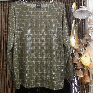 CRAZY LINE - Sequined to the Hilt Sparkled Long-Sleeve Tunic Top in Light Brown and Orange, Vintage – Large to XLarge