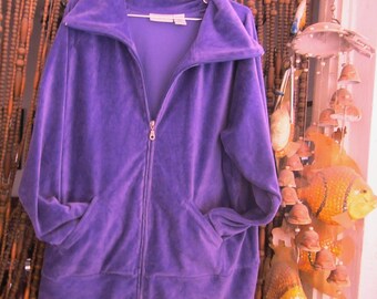 KIM ROGERS - 90's Zip Front Violet Purple Velour Velvet Track Sweater / Jacket, sz 1X