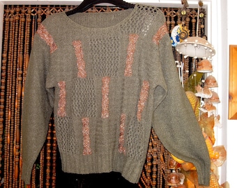 Golden Olive Green Home-knitted Fenestrated Sweater, Medium to Large