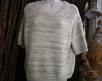 Knit Top Shaded Off-White & Beige, Woven with Delicate Gold Threads, Vintage - Large