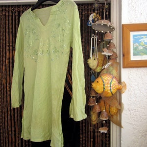 Bohemian Embroidered & Sequined Soft Pastel Green Cotton Tunic/Dress, Vintage Medium image 3